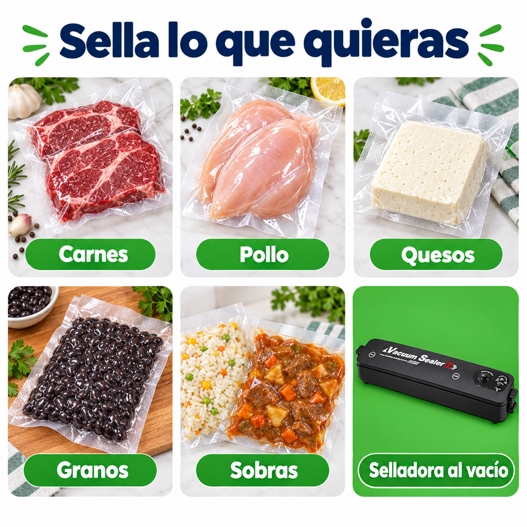 Sella carnes, pollo, quesos, granos y sobras