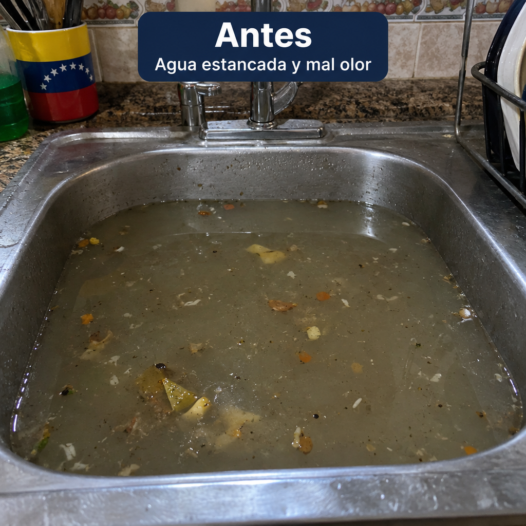 Antes: fregadero tapado con agua estancada