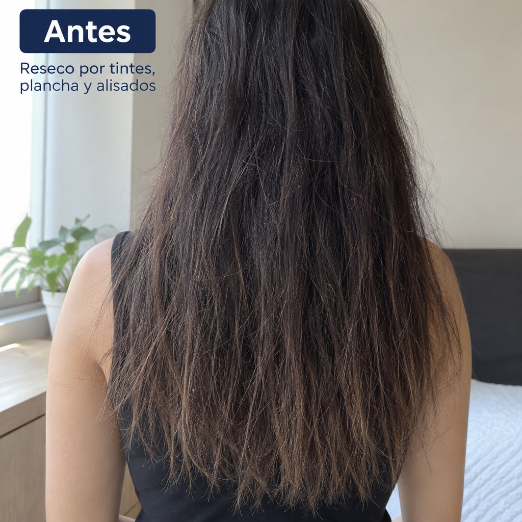 Antes: cabello reseco por tintes, plancha y alisados