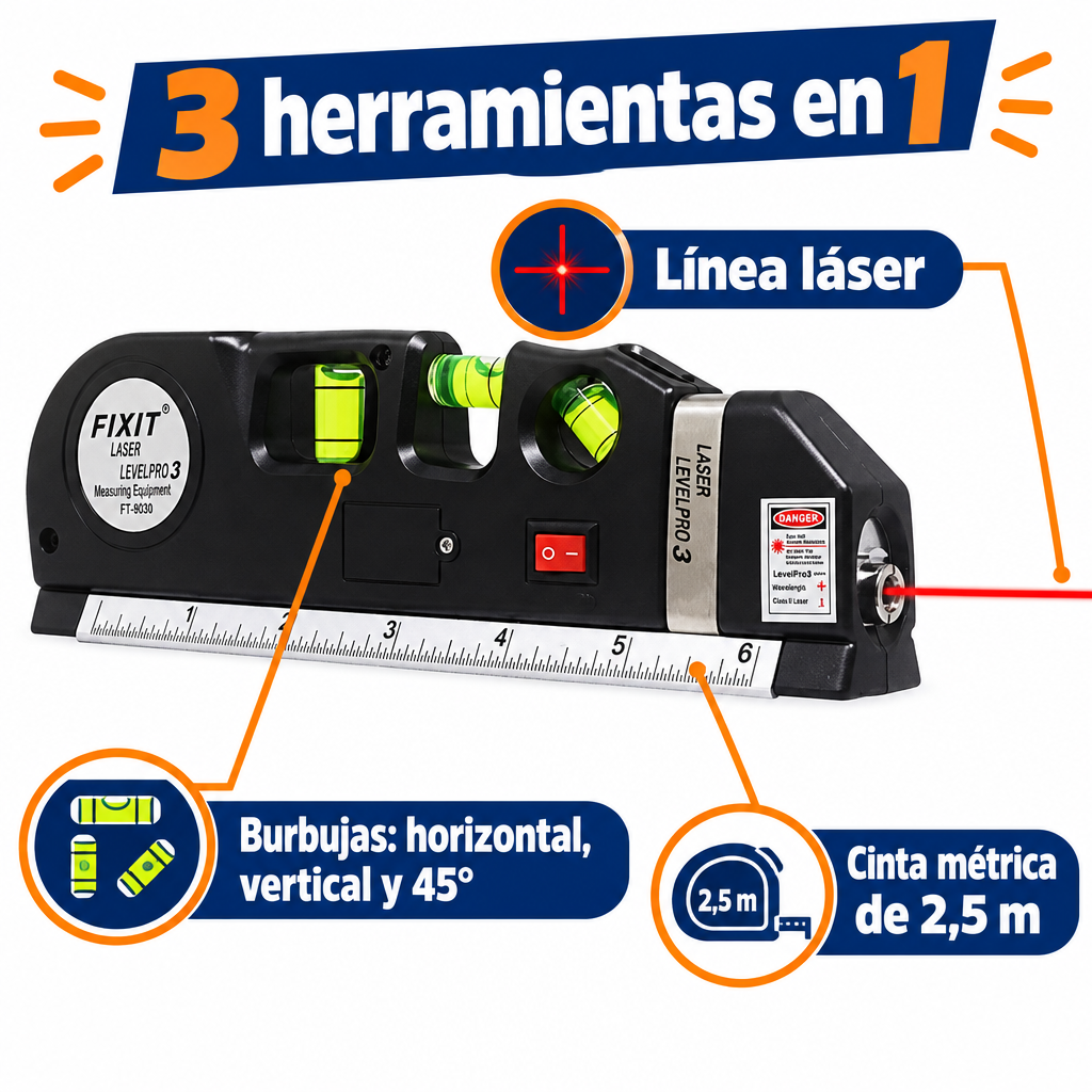 Línea láser, burbujas y cinta métrica de 2,5 m