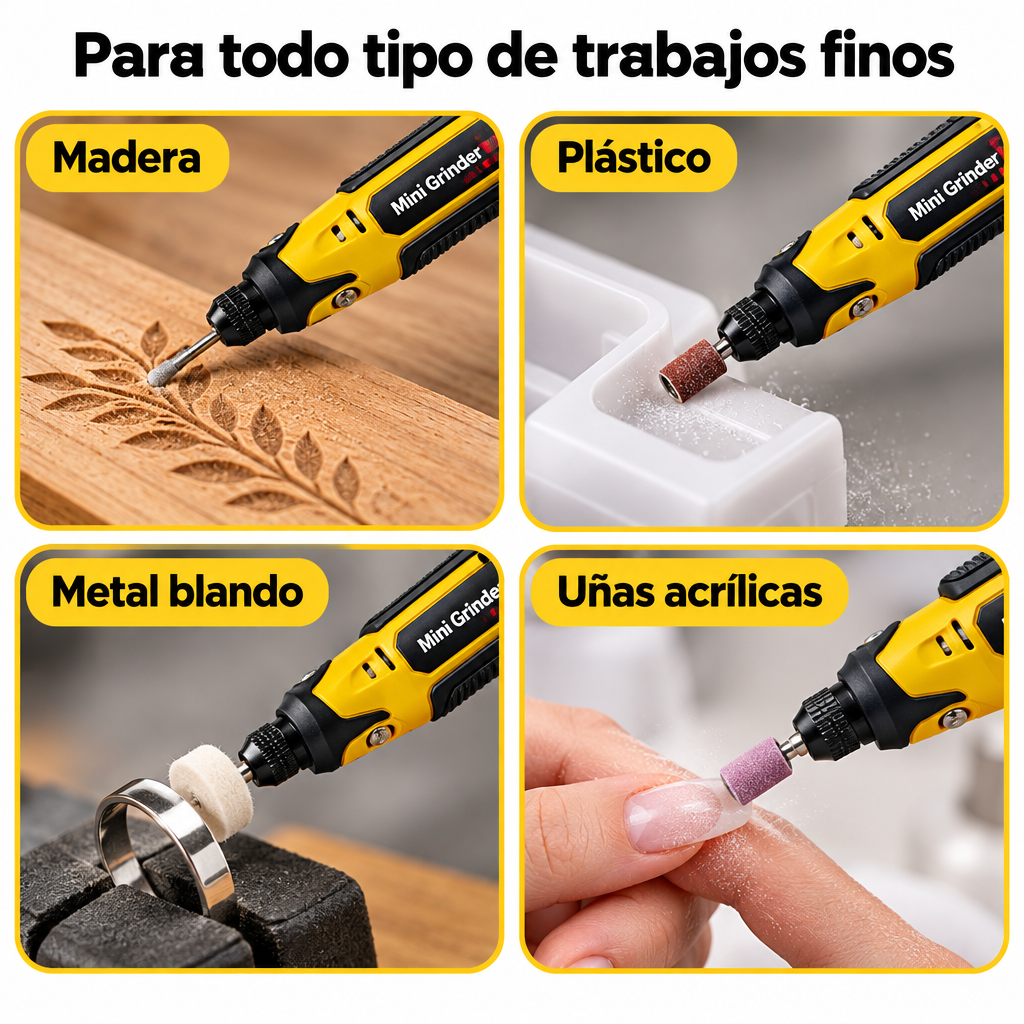 Madera, plástico, metal blando y uñas acrílicas