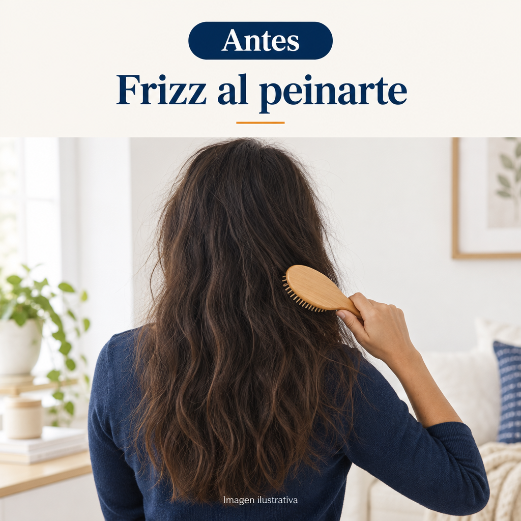 Ejemplo ilustrativo de cabello con frizz antes de peinarlo.