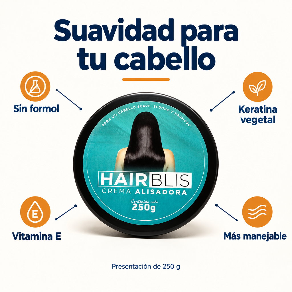 Crema alisadora Hairblis de 250 g: sin formol, keratina vegetal, vitamina E y cabello más manejable.